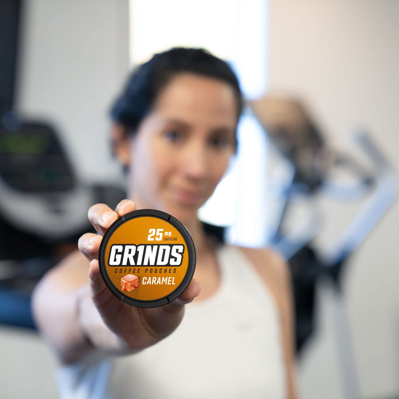GRINDS caramel pouches packaging clearly displays branding
