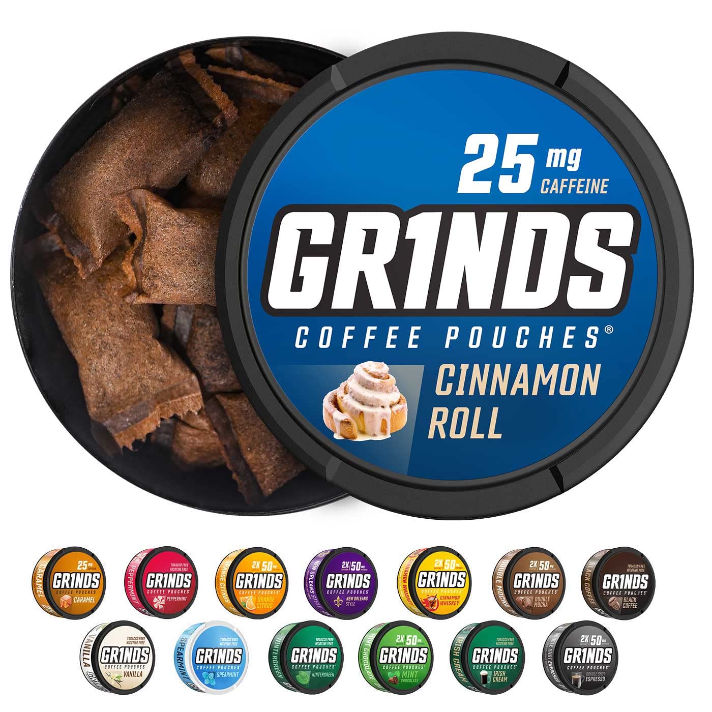 GRINDS Cinnamon Roll coffee pouch close-up with cinnamon aroma.
