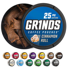 GRINDS Cinnamon Roll coffee pouch close-up with cinnamon aroma.