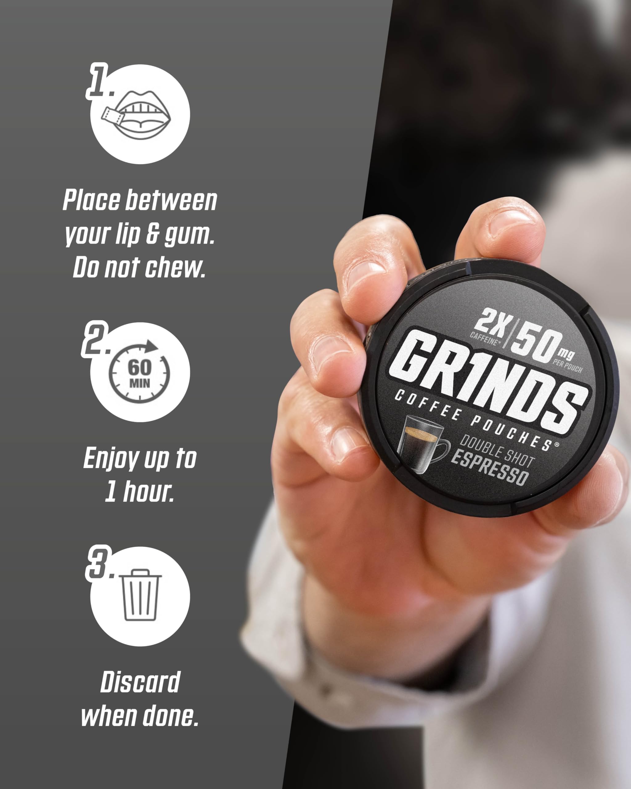 GRINDS can includes 18 pouches for consistent daytime energy