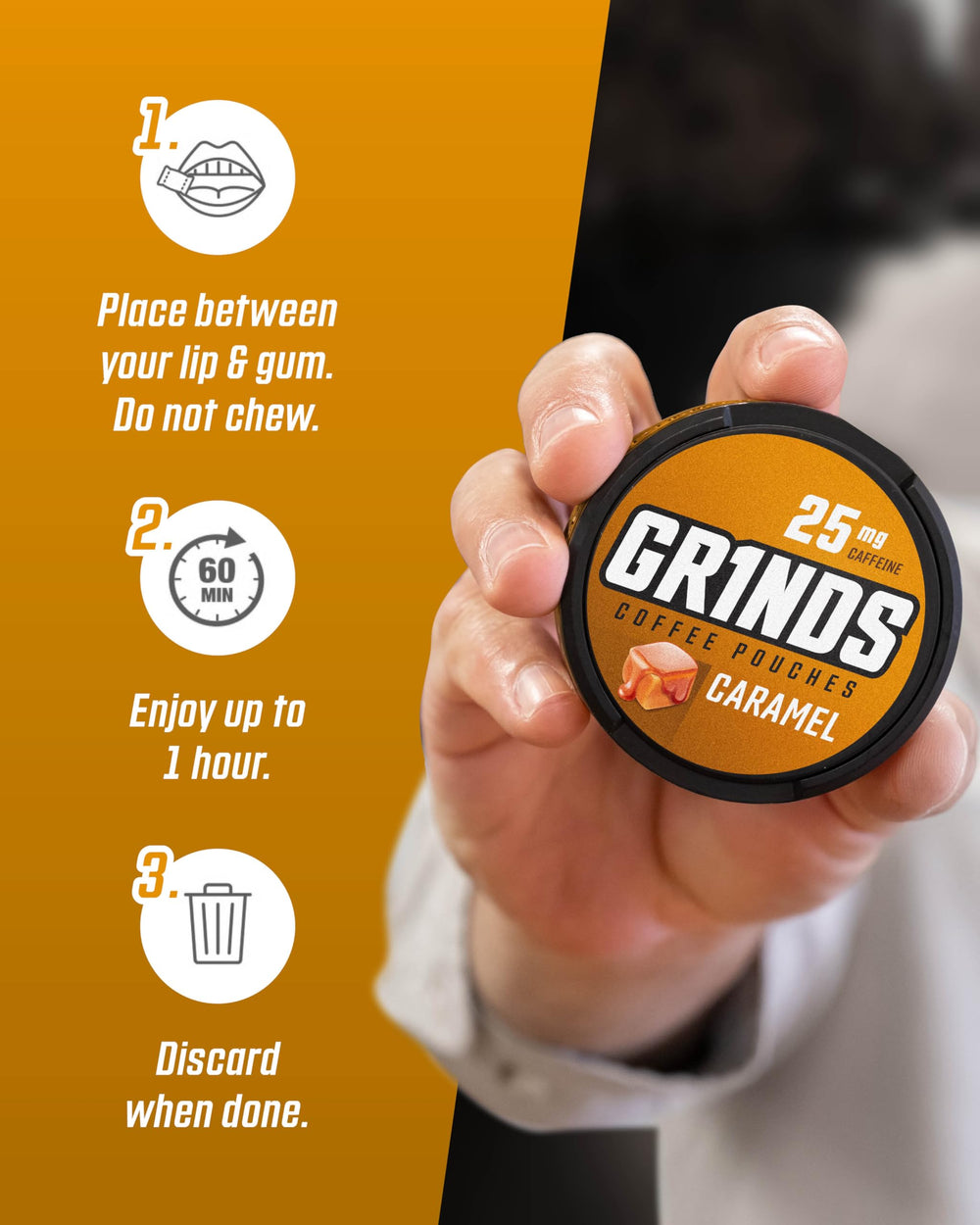 GRINDS logo with Caramel flavor badge.