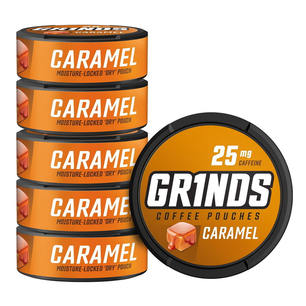 GRINDS coffee pouches caramel can six-pack, convenient on-the-go energy