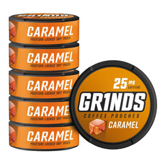 GRINDS coffee pouches caramel can six-pack, convenient on-the-go energy
