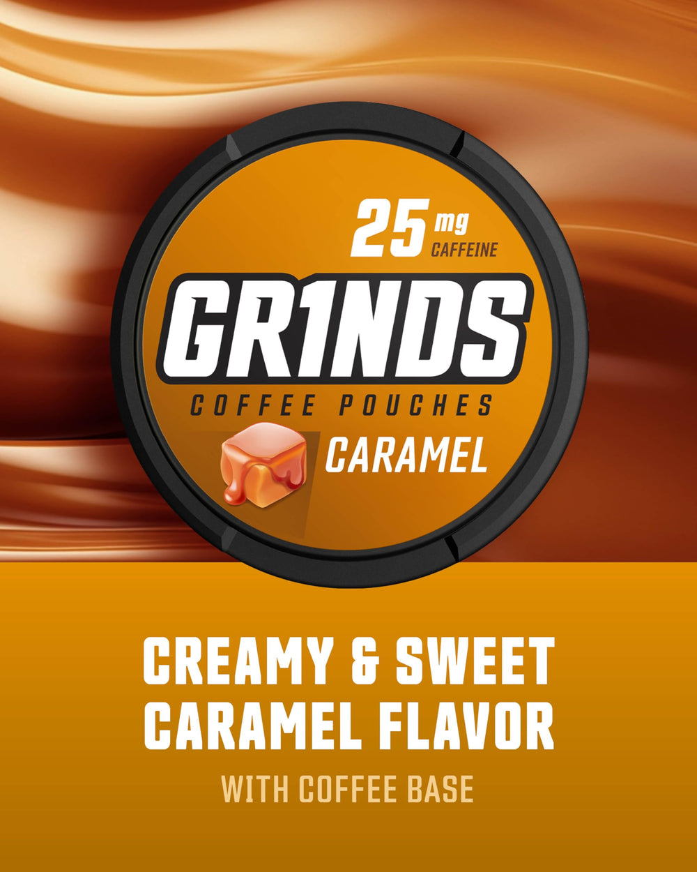 Single Grinds Caramel coffee pouch being opened for on-the-go energy.
