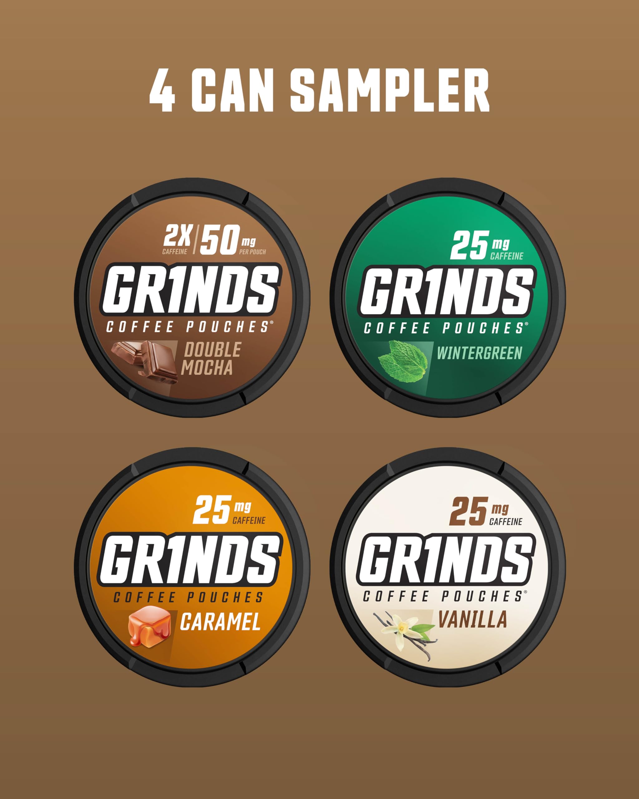 GRINDS Caramel pouch with smooth sweetness and caffeine lift.