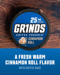 GRINDS Cinnamon Roll can shows 18 pouches per can for steady caffeine supply.