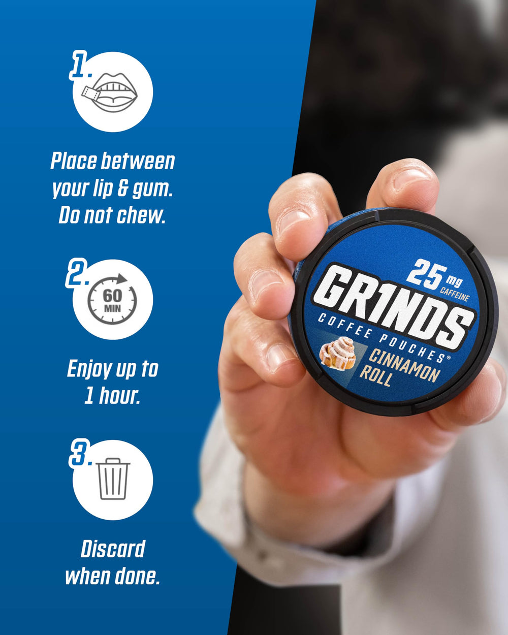 GRINDS Cinnamon Roll packaging closeup emphasizes moisture-lock dry pouch.