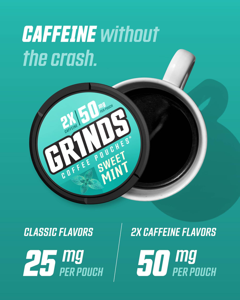 GRINDS Double Mocha flavor pouch can for a bold, rich lift.