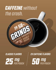 GRINDS Double Mocha pouch delivering rich flavor and steady energy.