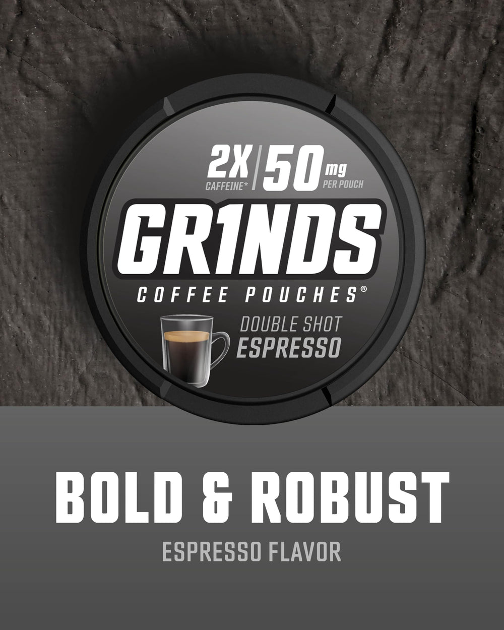 GRINDS moisture-locked dry pouch close-up showing mess-free use