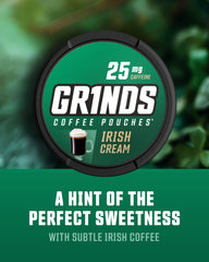 GRINDS Irish Cream coffee pouches with 18 per can for steady energy.
