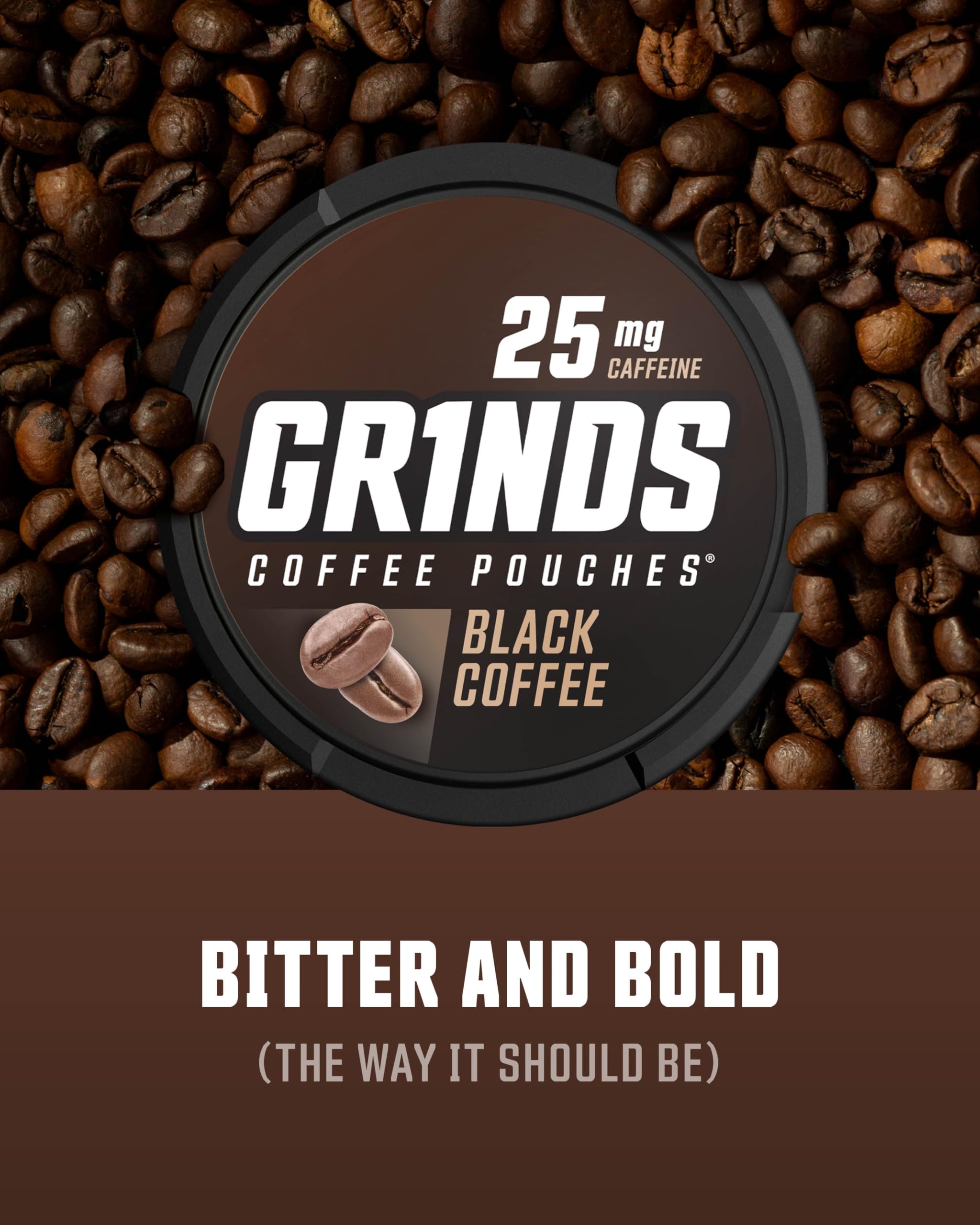 Grinds Coffee Pouches nicotine-free label highlights clean energy option.