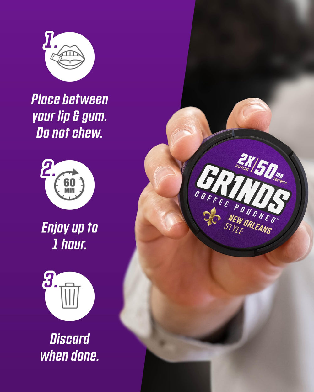 GRINDS on-the-go use with pouches for quick energy during travel or work.