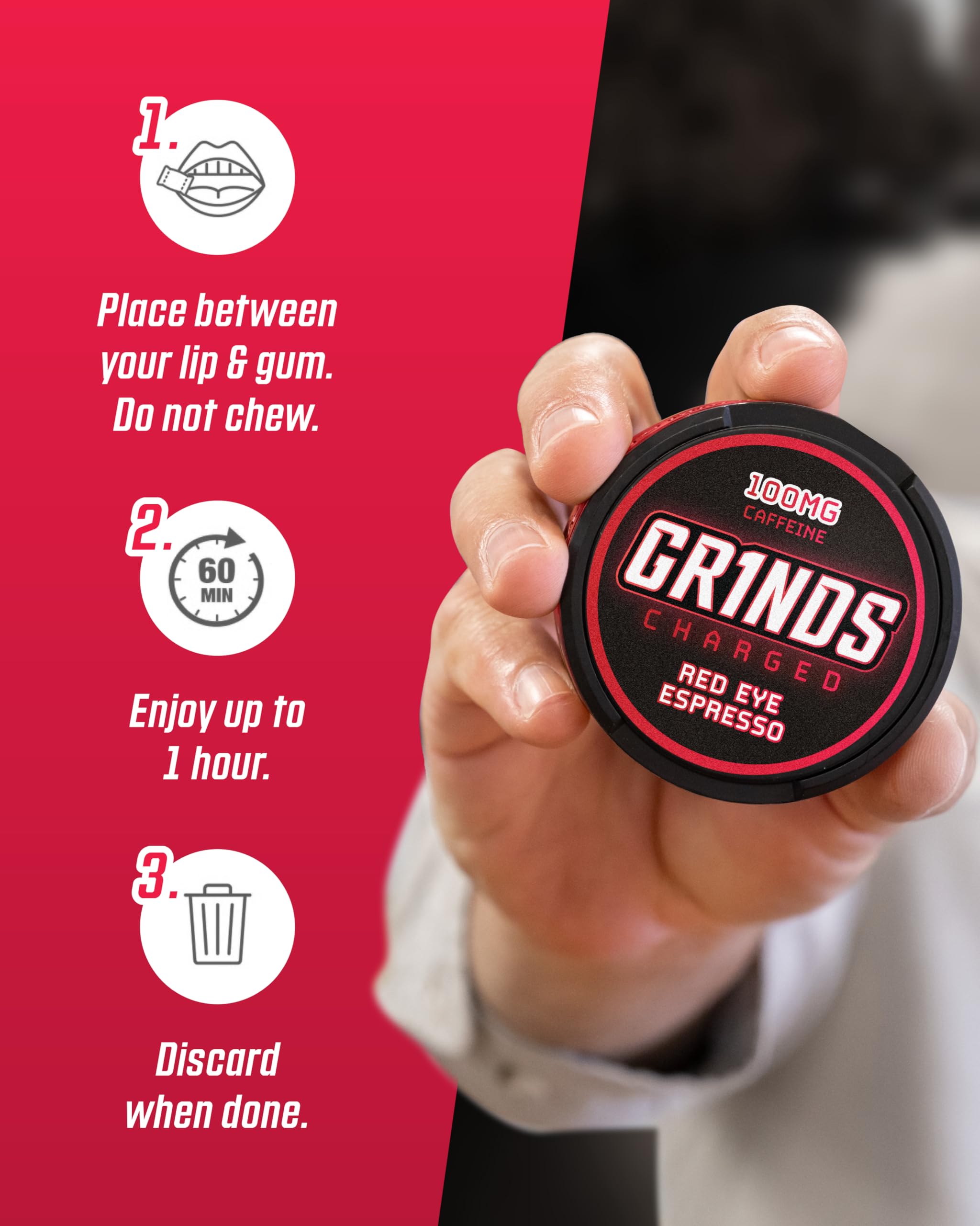 GRINDS six-can box illustrates value and consistent caffeine per pouch.