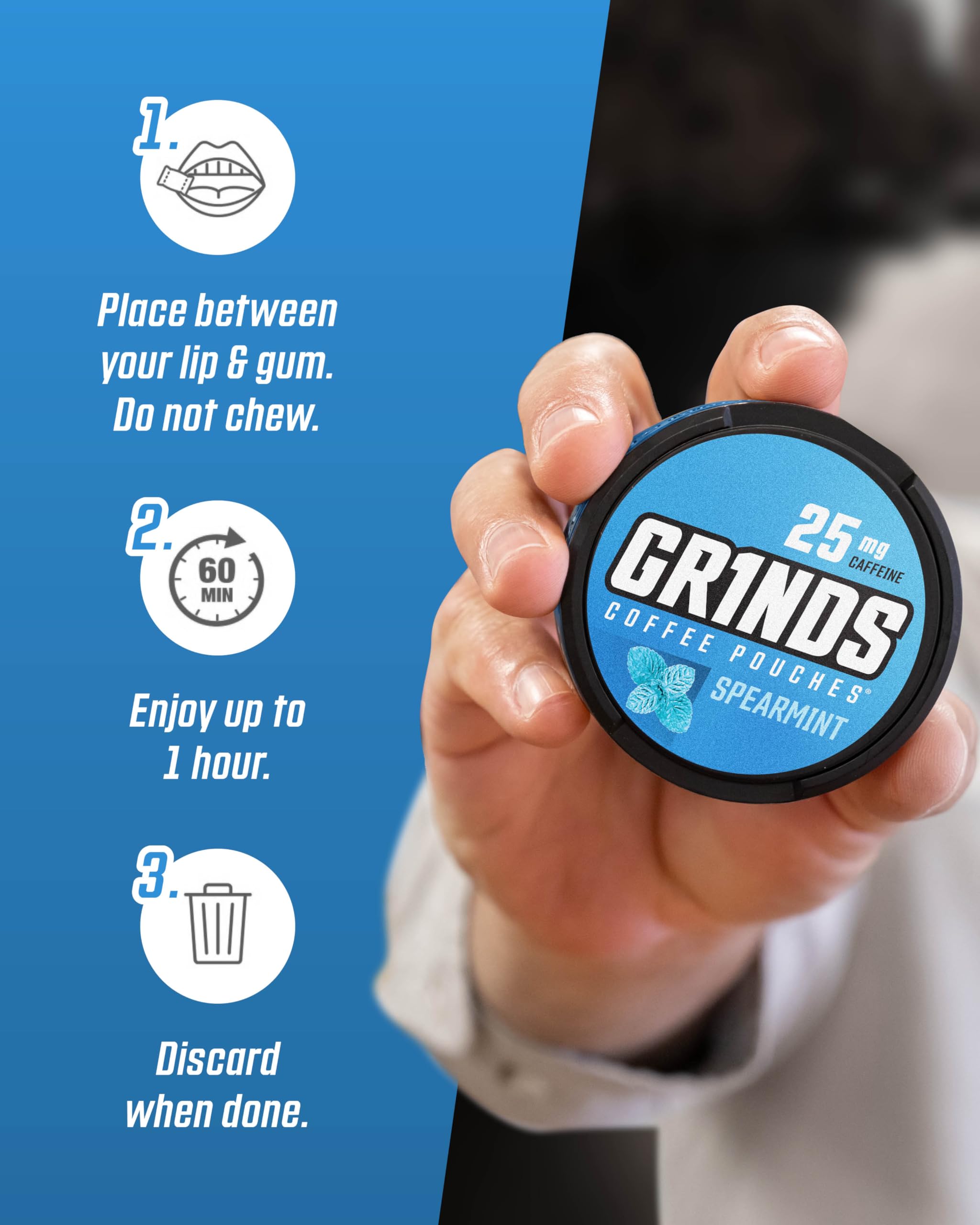 GRINDS Sweet Mint coffee pouch for a crisp, minty lift and quick focus.