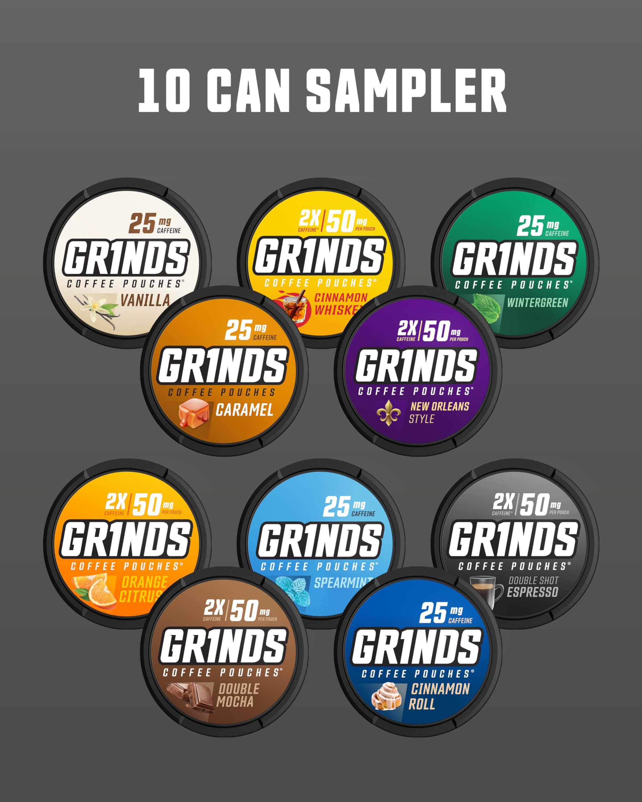 Grinds Coffee Pouches 10-flavor display shows tasting options and caffeine variety
