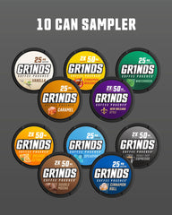 Grinds Coffee Pouches 10-flavor display shows tasting options and caffeine variety