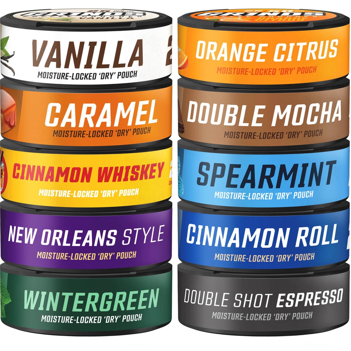 Grinds Coffee Pouches front view of Try Em All 10 Can Pack for convenient on-the-go energy