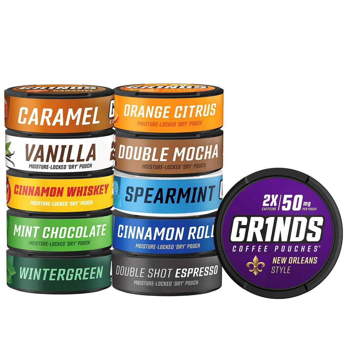 GRINDS coffee pouches variety pack front view for convenient clean energy on the go.