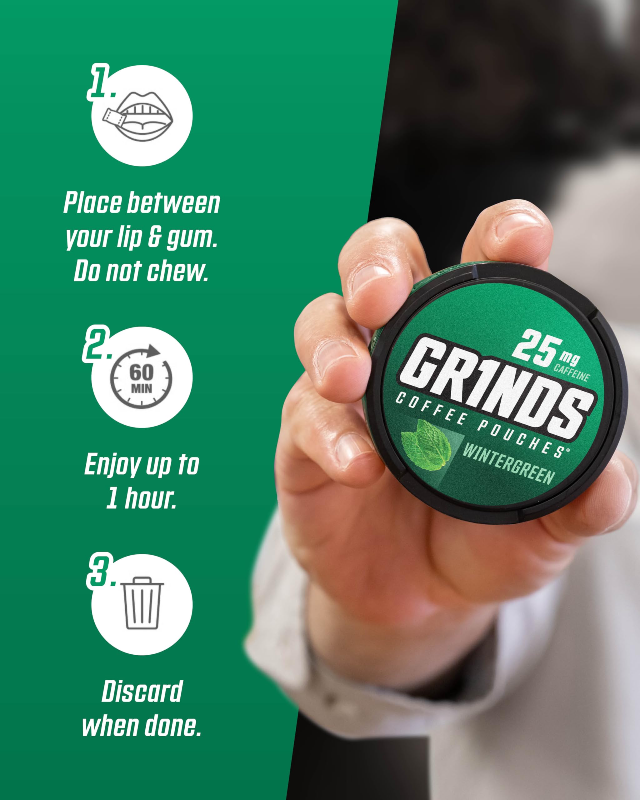 Grinds coffee pouches wintergreen can for crisp focus.