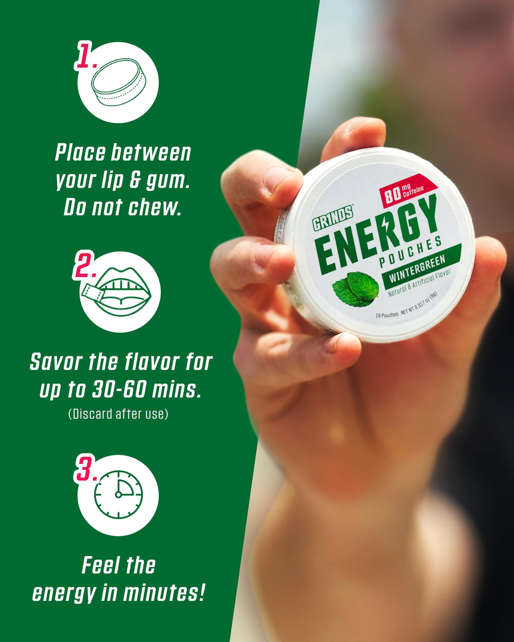 GRINDS 80 mg caffeine per pouch for a steady lift