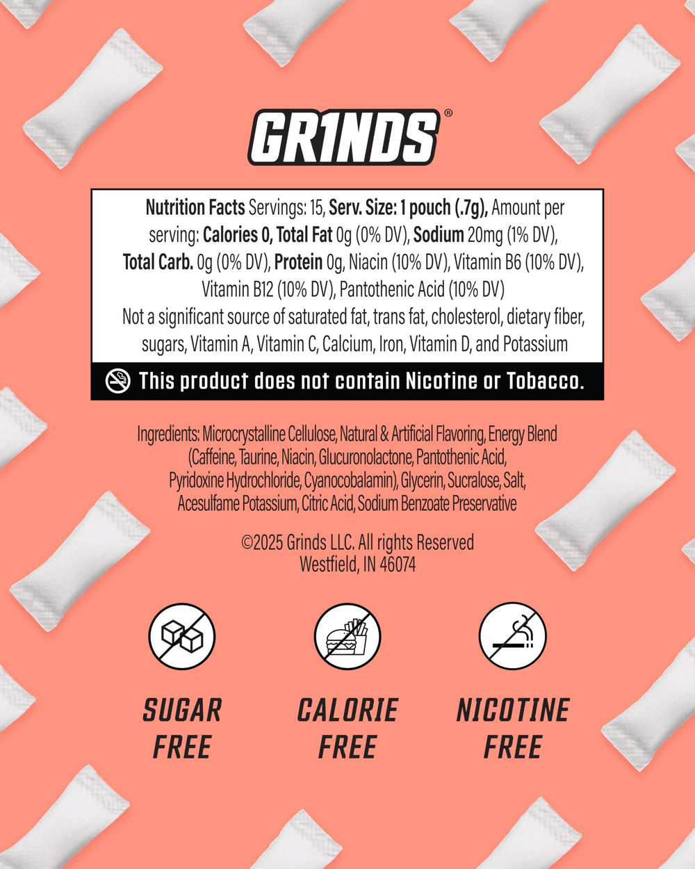 Back-of-can highlights B-vitamins and zero-calorie energy from GRINDS
