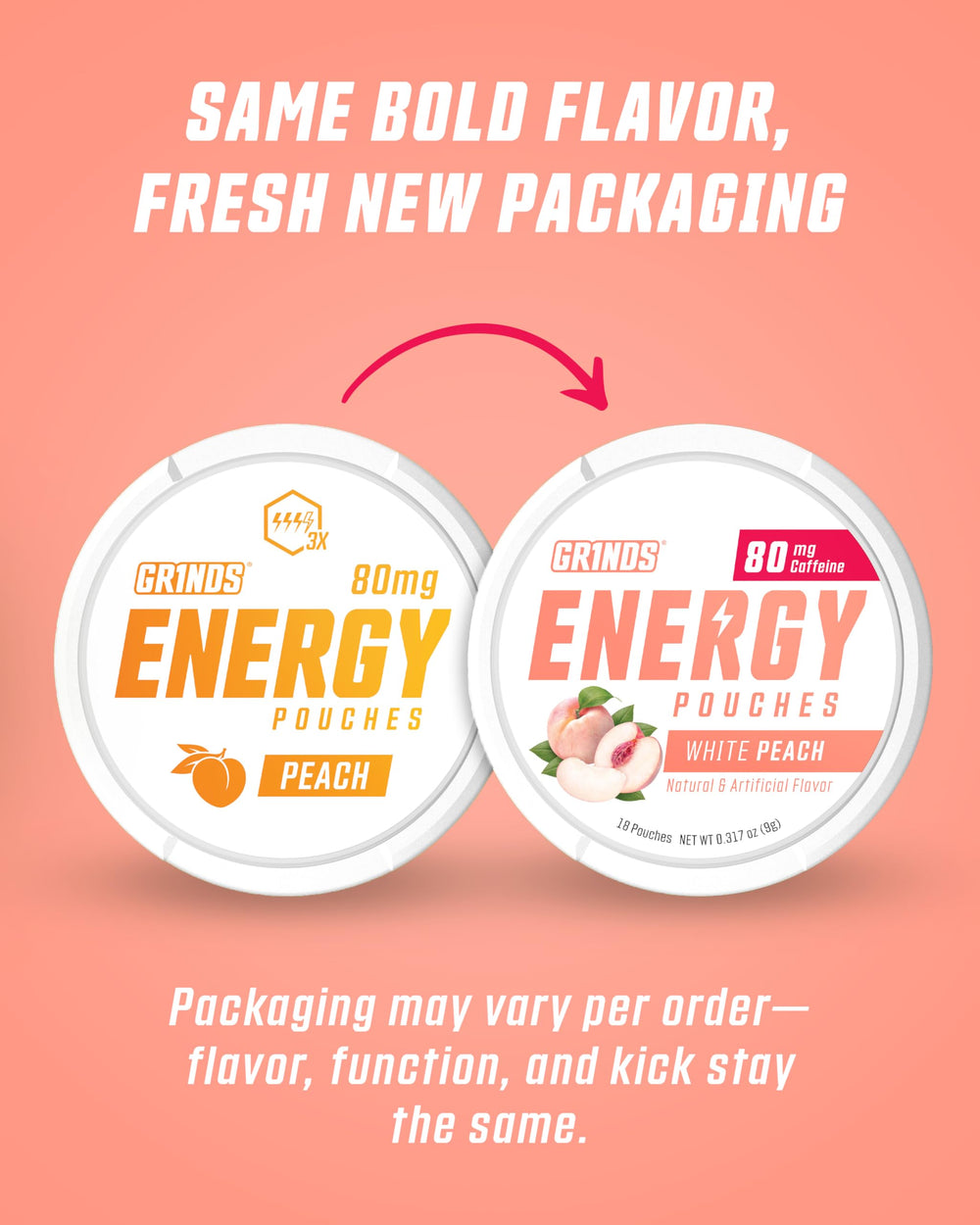 Open GRINDS Energy Pouches can with pouches ready for on-the-go energy