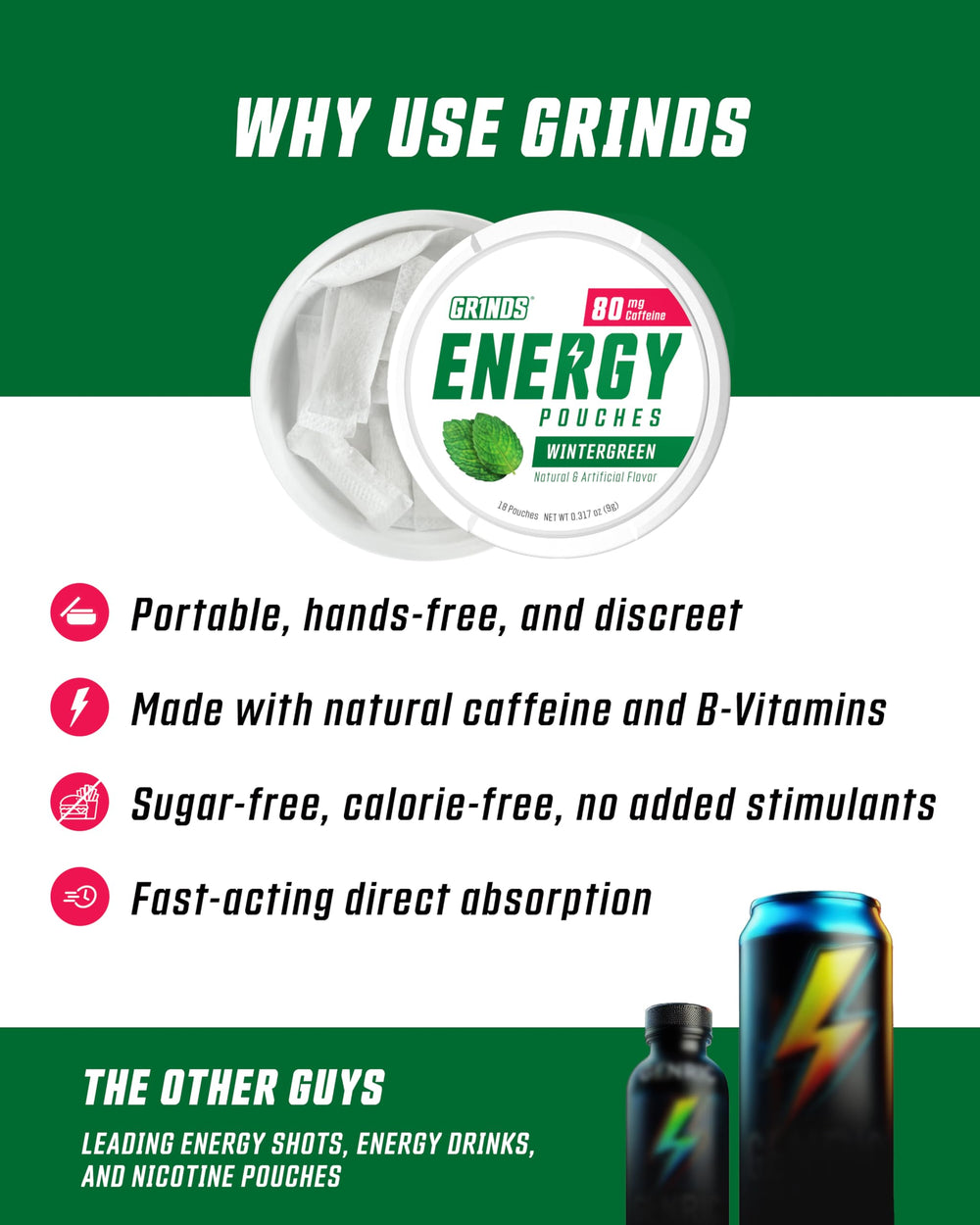 GRINDS Wintergreen pouches tucked in a pocket for a quick boost