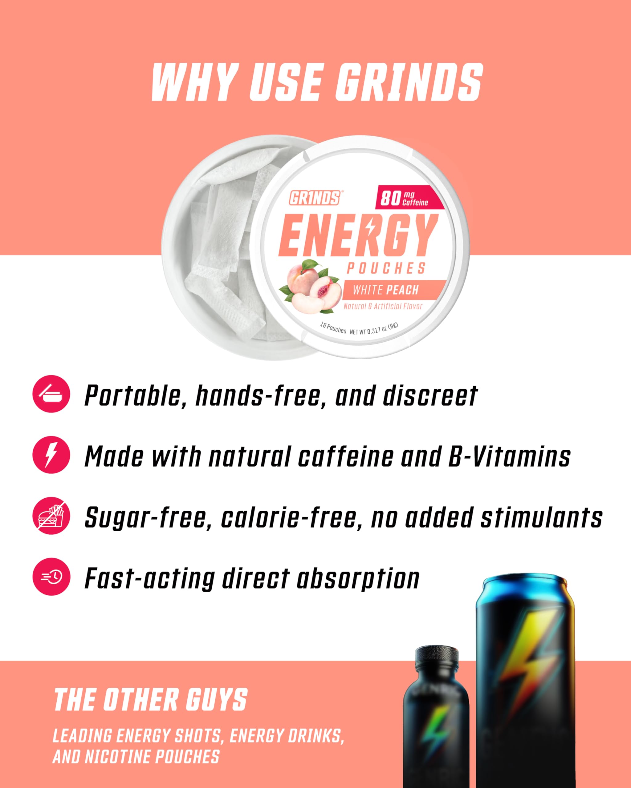 Six-pack of GRINDS Energy Pouches on desk for study sessions