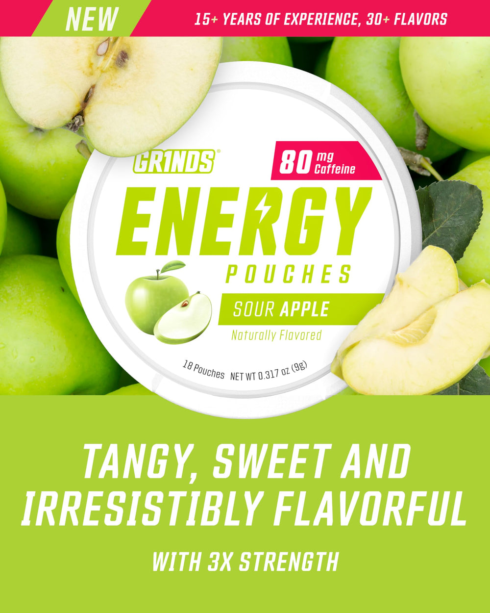 GRINDS Energy Pouches Sour Apple closeup showing flavor and caffeine.