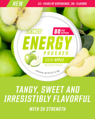 GRINDS Energy Pouches Sour Apple closeup showing flavor and caffeine.