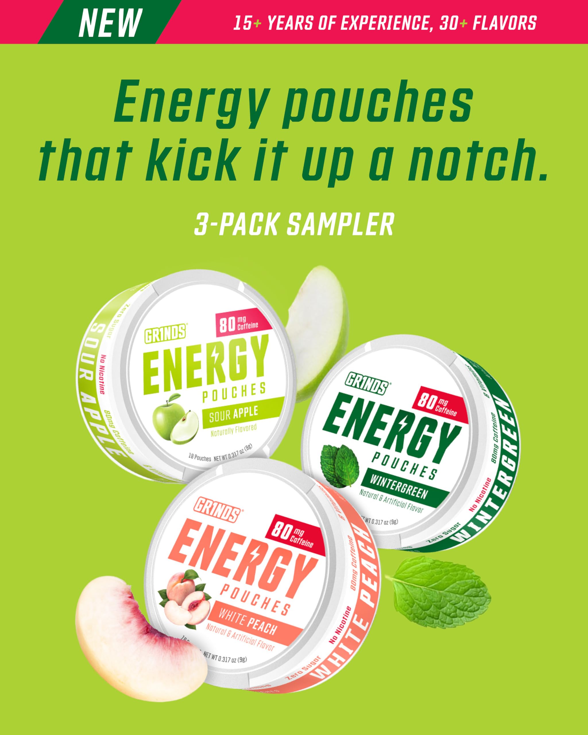 GRINDS Energy Pouches Sour Apple close-up, bright flavor and clean energy.