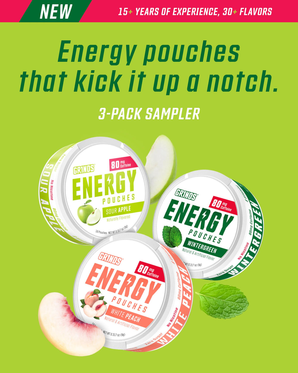 GRINDS Energy Pouches Sour Apple close-up, bright flavor and clean energy.