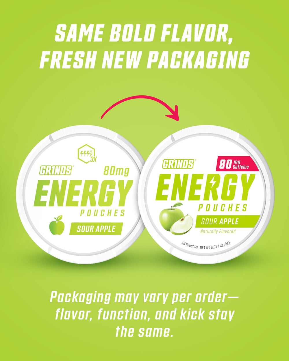 GRINDS Energy Pouches Sour Apple open can, easy access for quick focus.