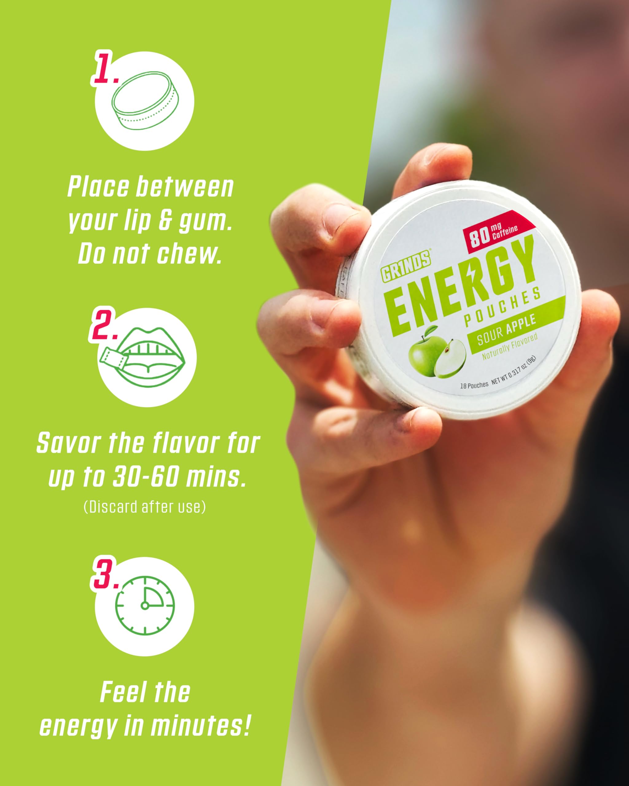 GRINDS Energy Pouches Sour Apple pocket-sized energy companion.