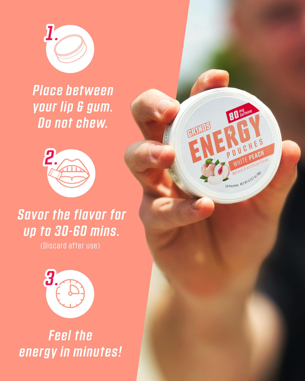 GRINDS Energy Pouches in travel bag for travel energy