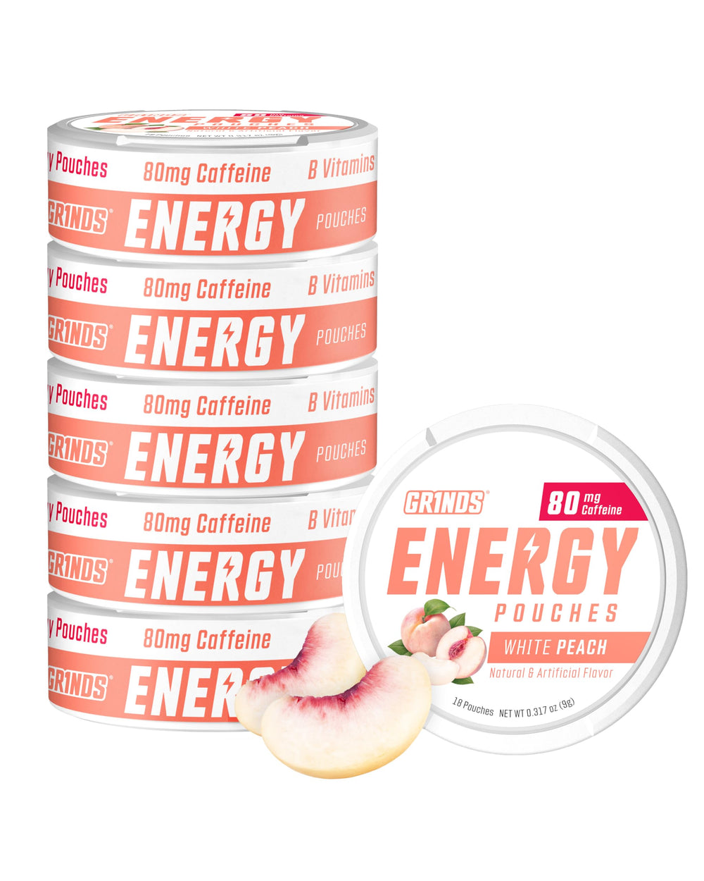 GRINDS Energy Pouches White Peach can delivers quick caffeine lift for focus