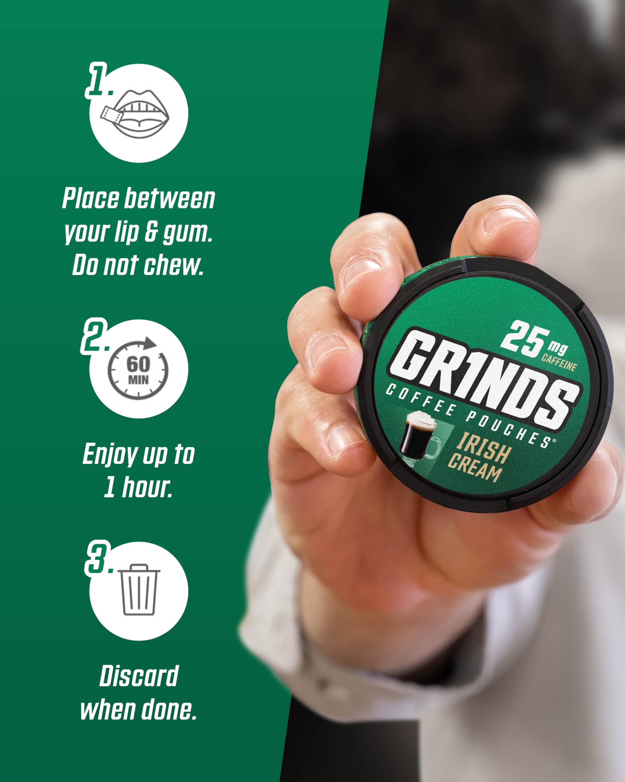 GRINDS Irish Cream pouch-based energy option with no nicotine.
