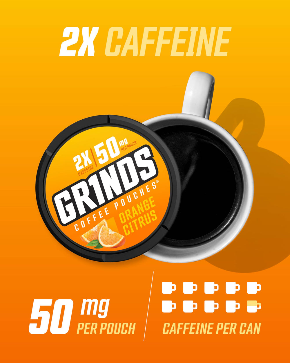 GRINDS Orange Citrus can stacked for six-pack convenience