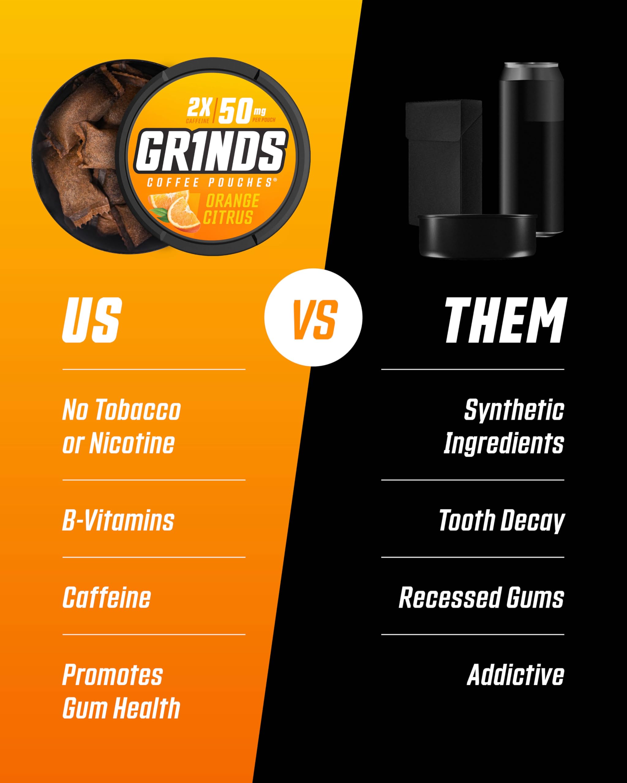 GRINDS Orange Citrus can showcasing zesty energy profile.