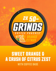 Close-up of Grinds Orange Citrus pouch showing texture and flavor hint