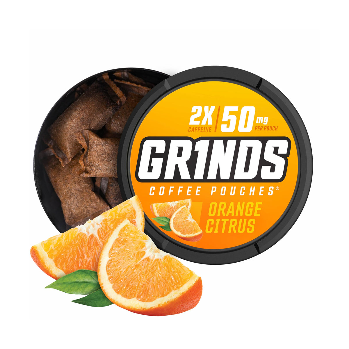 GRINDS Orange Citrus pouch front for on-the-go energy