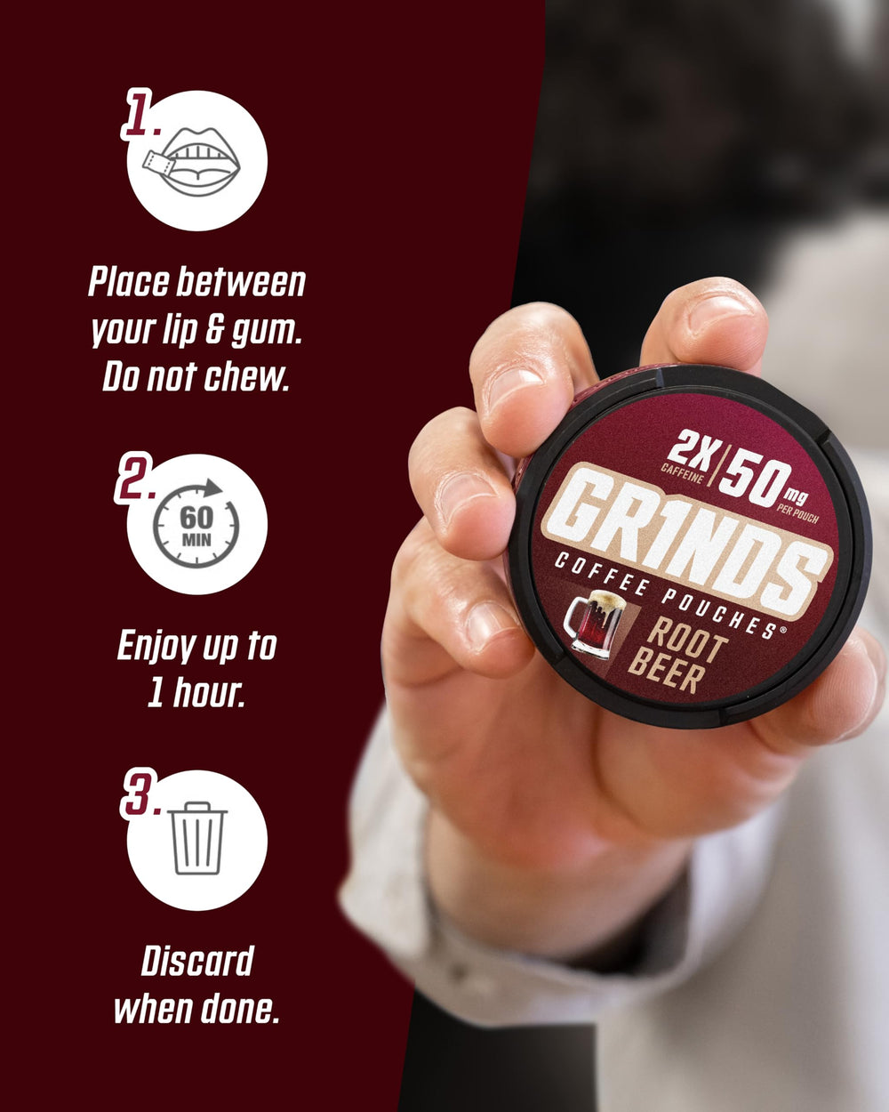 Grinds Root Beer pouch quick-energize during errands for focus.