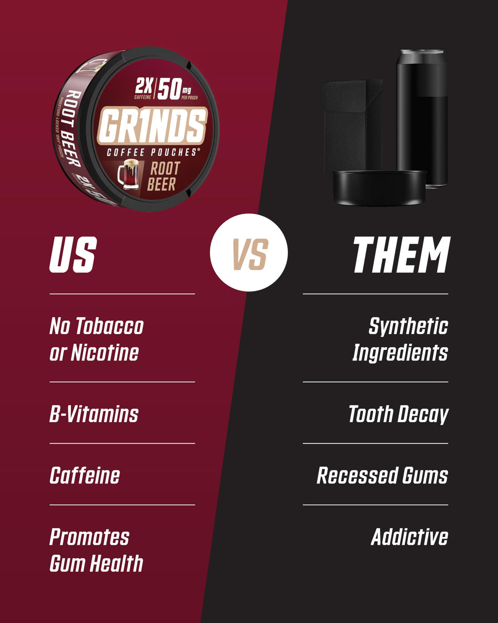 GRINDS Root Beer energy pouch delivers about 50 mg caffeine.