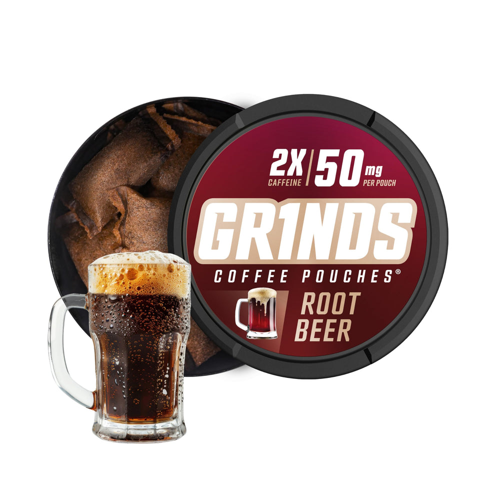 GRINDS Root Beer pouches can-front, highlighting a convenient caffeine boost.