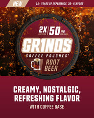 Closeup of GRINDS Root Beer pouches with creamy flavor notes.
