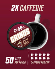 GRINDS Root Beer pouches in outdoor use for on-the-go energy.