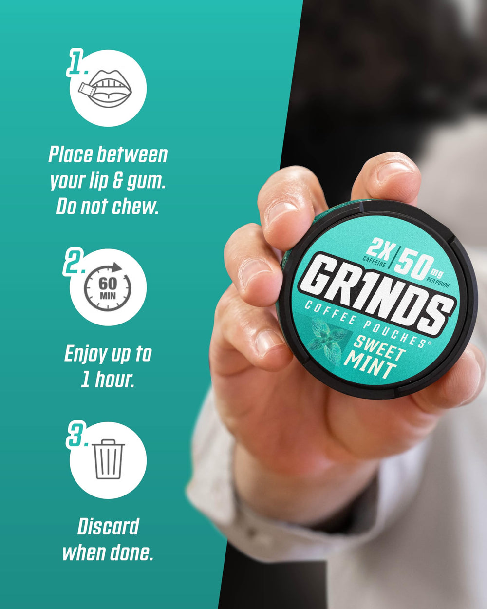 Grinds Sweet Mint display highlighting six cans per package for easy stocking