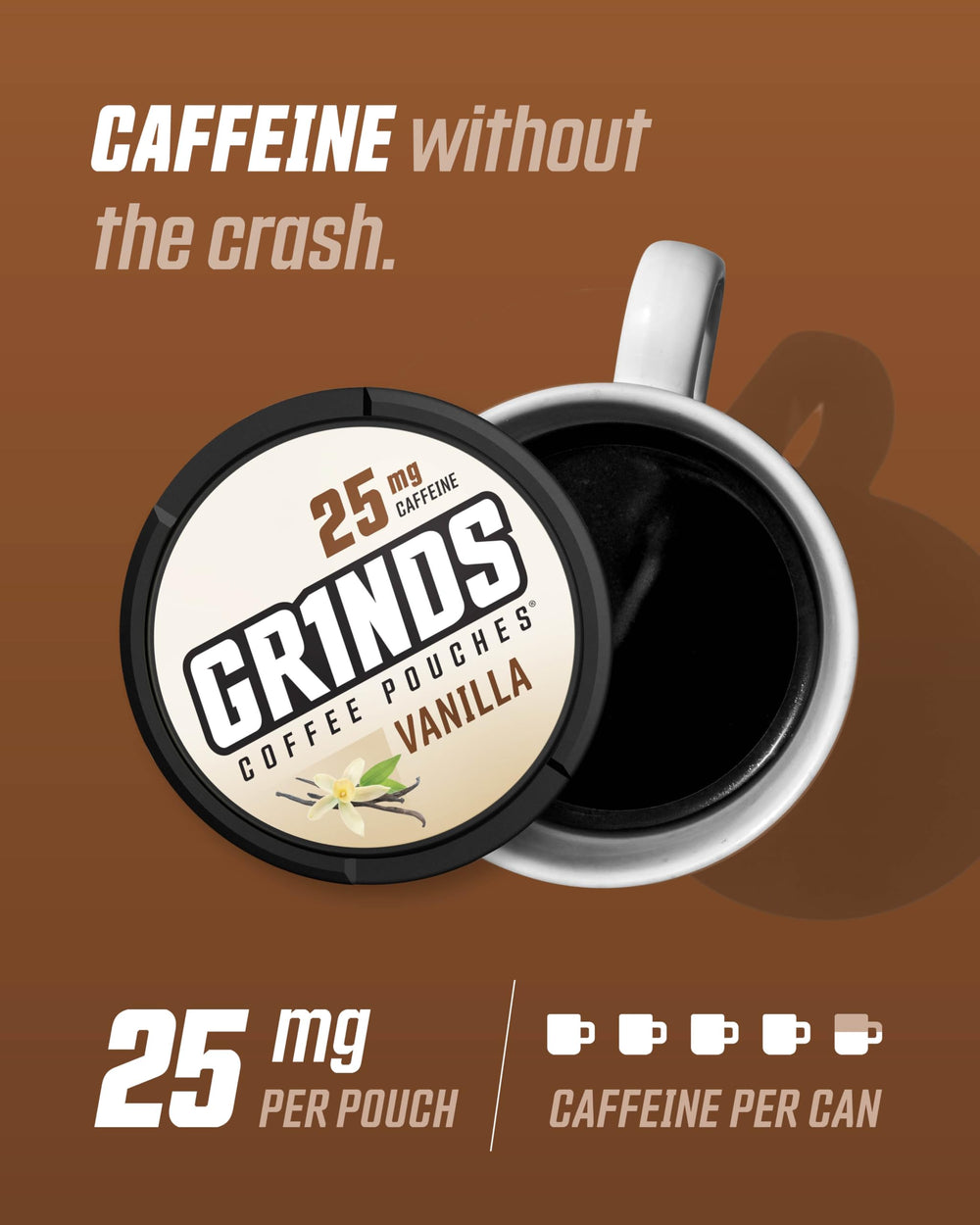 GRINDS Vanilla pouch on a desk demonstrates easy, mess-free energy at work.