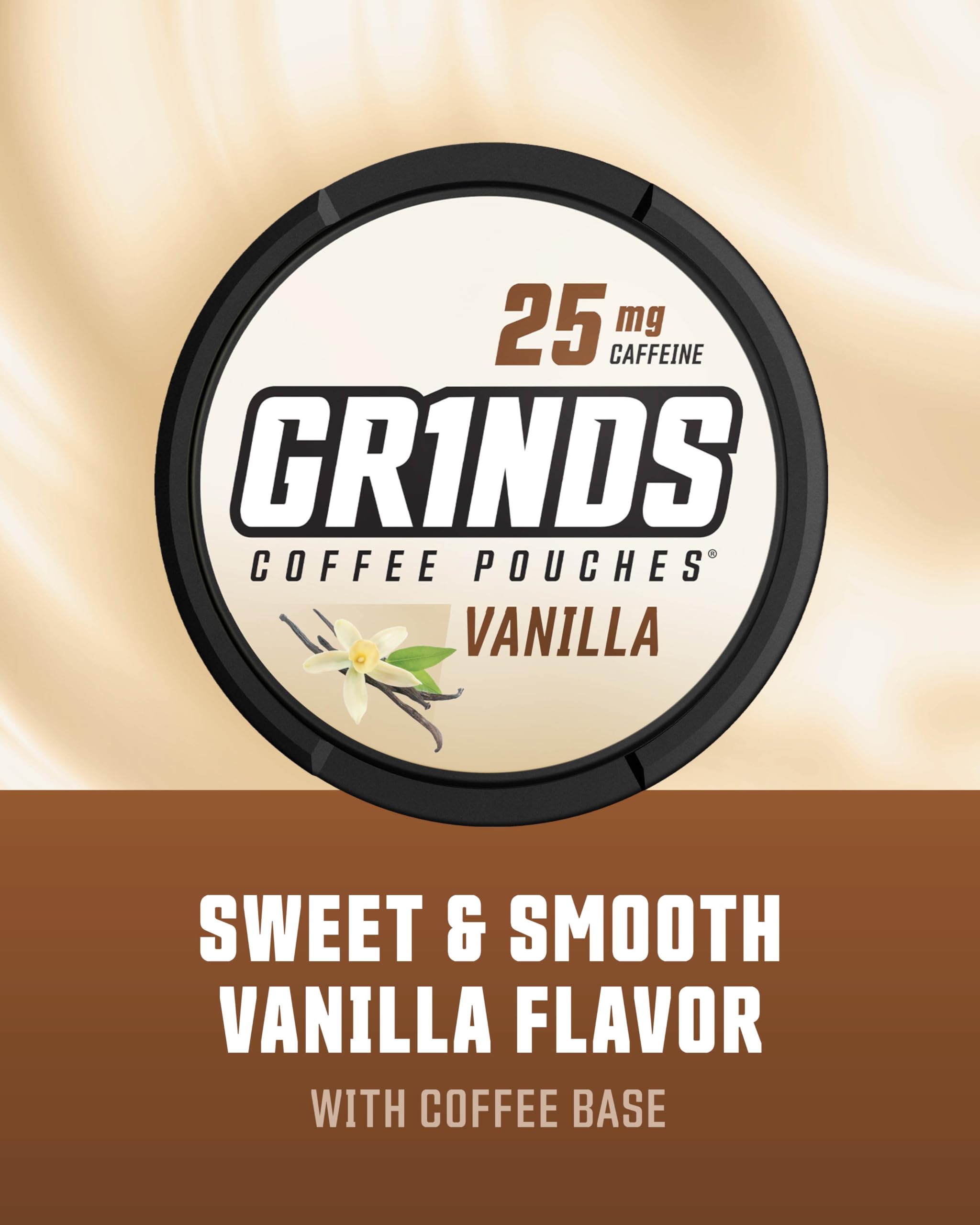 GRINDS Vanilla Coffee Pouches showcase dry moisture-lock protection for flavor.